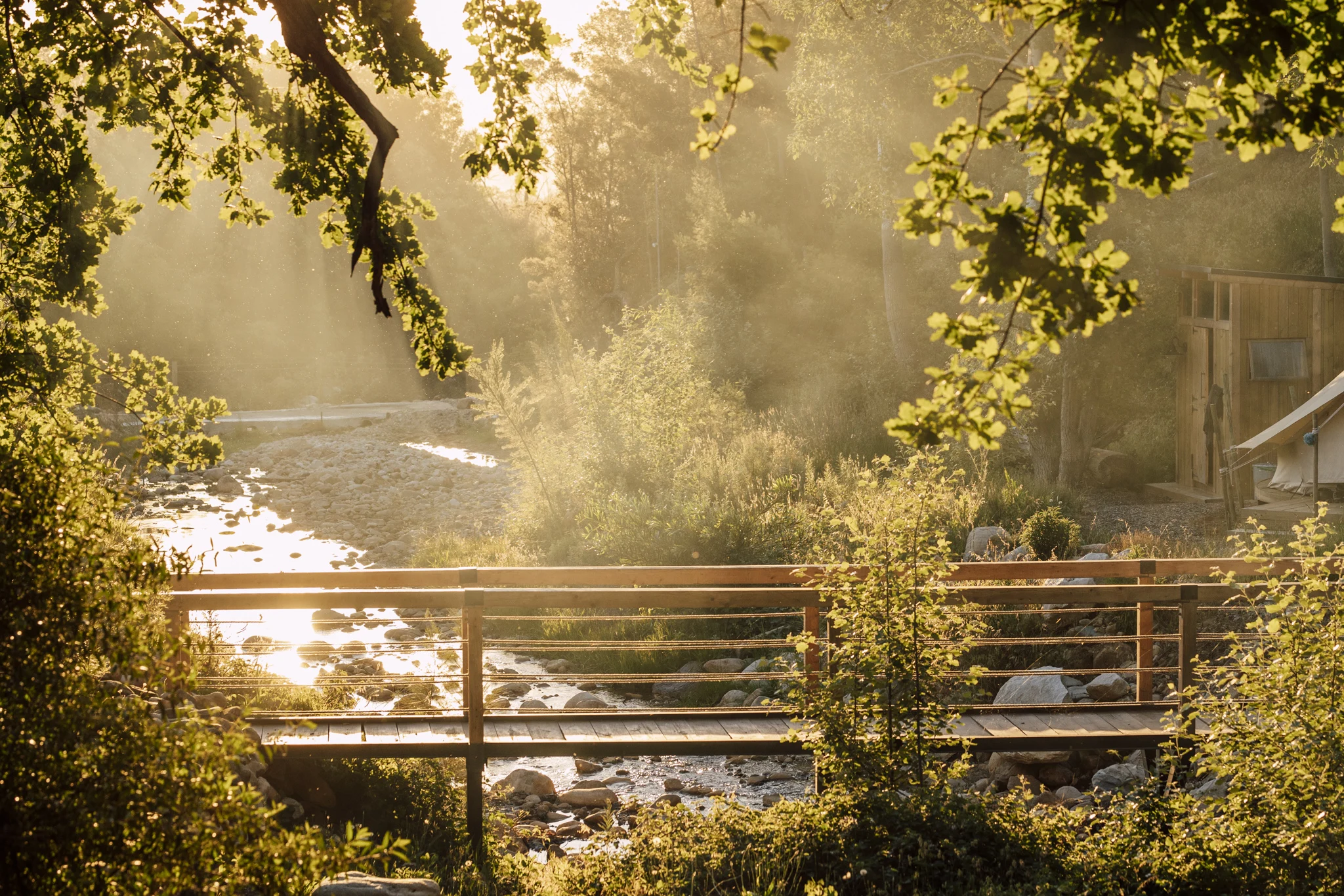 Wooden bridge over the river in soft morning light