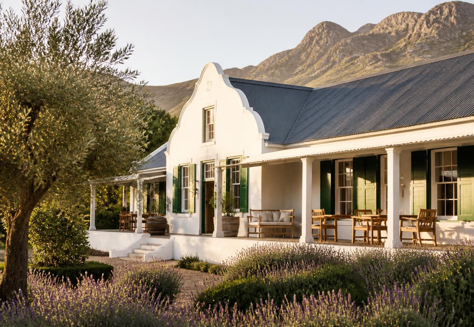 Whitewashed Cape Dutch farm cottage with green shutters and lavender garden