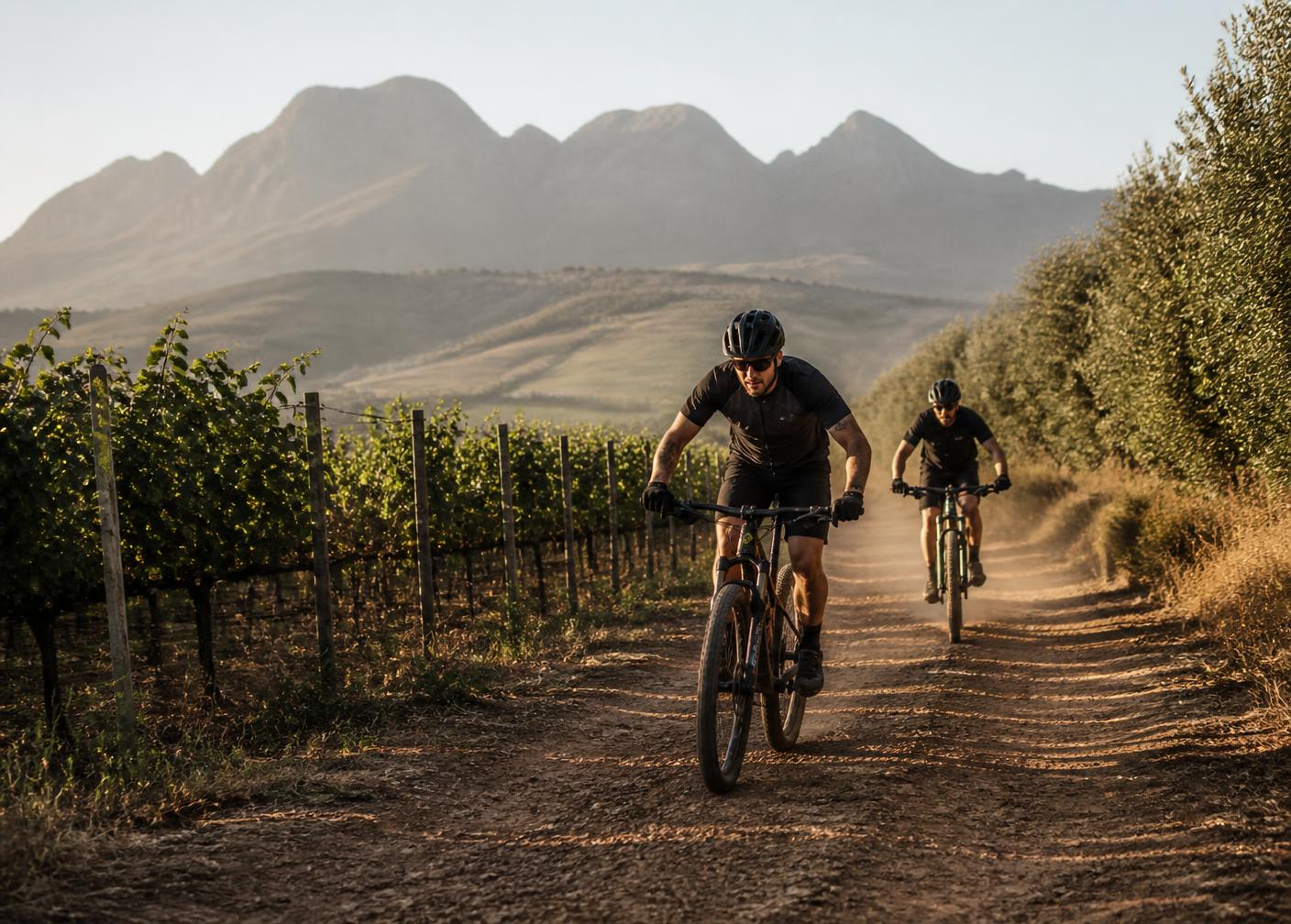 Cyclists riding a gravel farm track between vineyards and olive groves