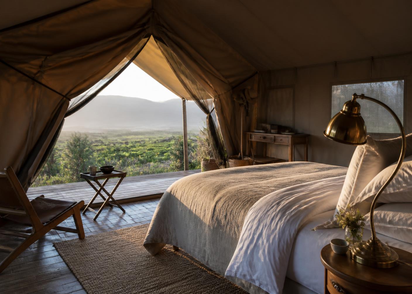Interior of a canvas tent with linen bedding looking out over the valley