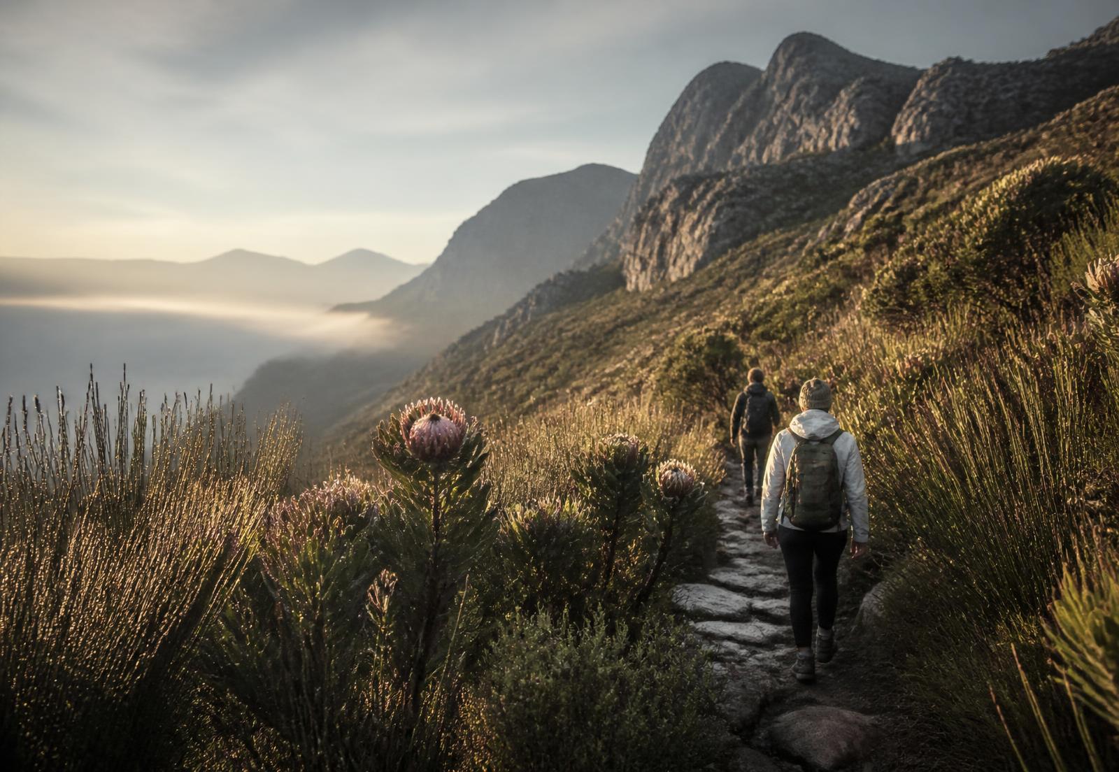 Walkers on a fynbos trail above the Tulbagh valley